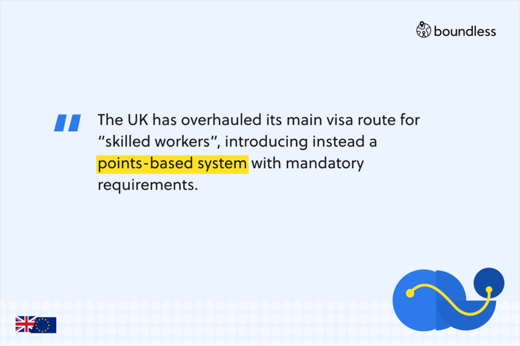 The UK has overhauled its main visa route for “skilled workers”, introducing instead a points-based system with mandatory requirements.