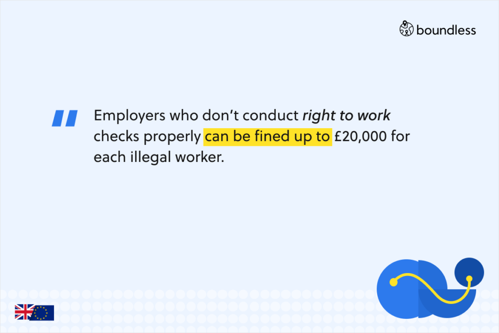 Employers who don’t conduct right to work checks properly can be fined up to £20,000 for each illegal worker.