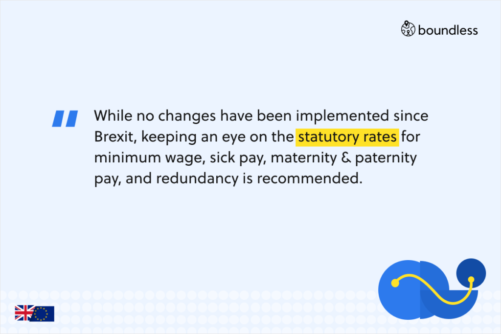 While no changes have been implemented since Brexit, keeping an eye on the statutory rates for minimum wage, sick pay, maternity & paternity pay, and redundancy is recommended.