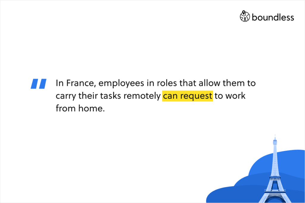 In France, employees in roles that allow them to carry their tasks remotely can request to work from home.