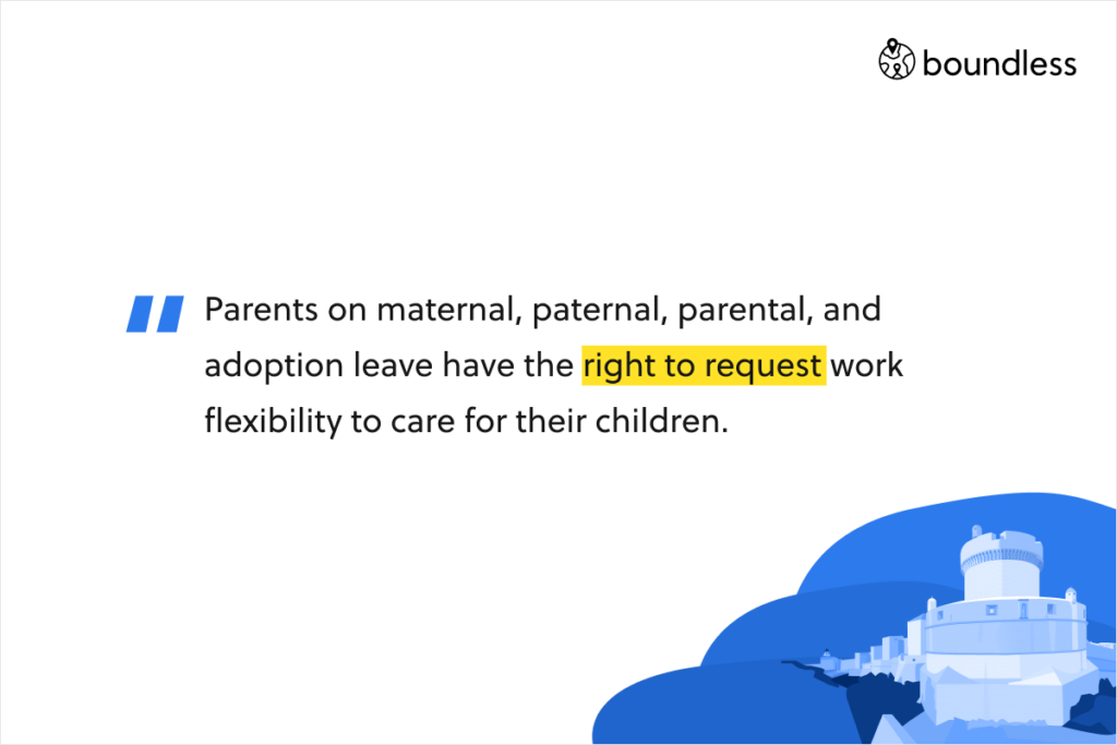 Parents on maternal, paternal, parental, and adoption leave have the right to request work flexibility to care for their children.