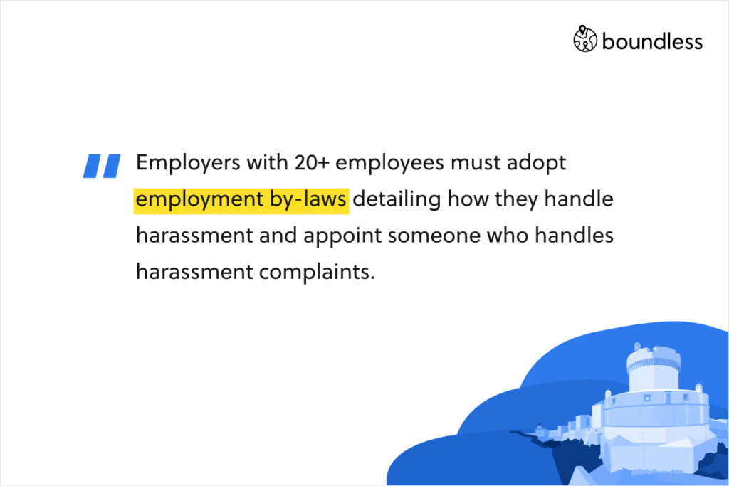 Employers with 20+ employees must adopt employment by-laws detailing how they handle harassment and appoint someone who handles harassment complaints.