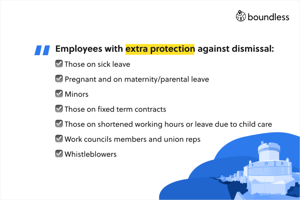 Employees with extra protection against dismissal: ☑️ Those on sick leave ☑️ Pregnant and on maternity/parental leave ☑️ Minors ☑️ Those on fixed term contracts ☑️ Those on shortened working hours or leave due to child care ☑️ Work councils members and union reps ☑️ Whistleblowers