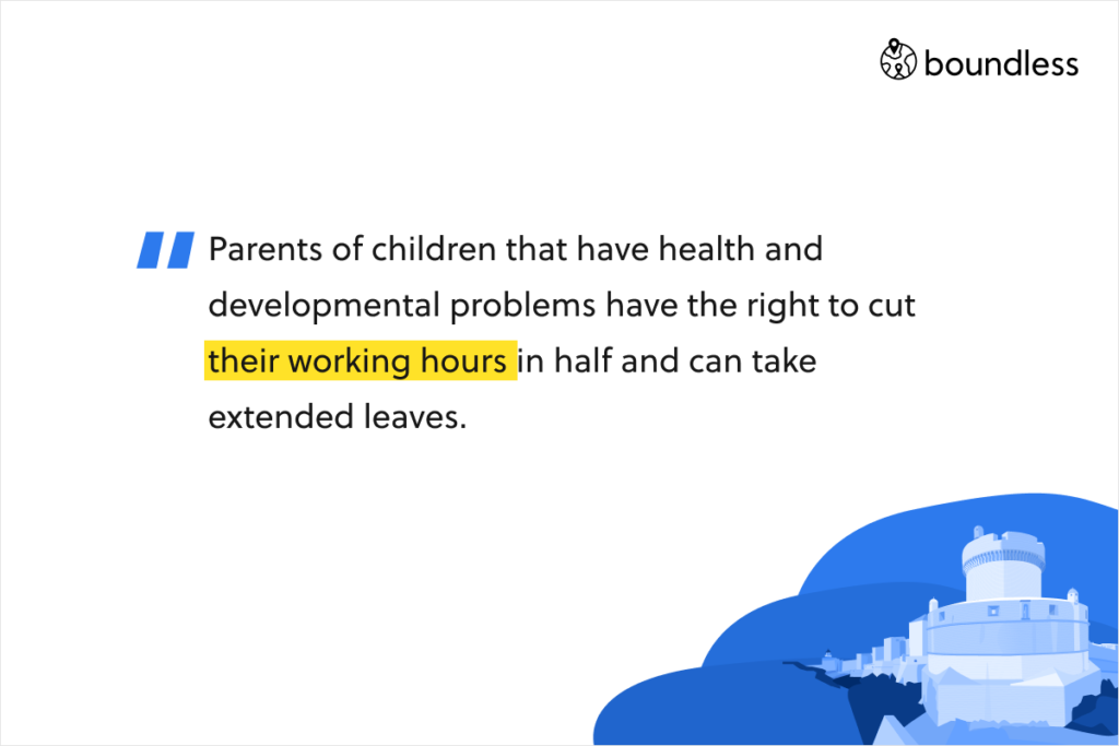 Parents of children that have health and developmental problems have the right to cut their working hours in half and can take extended leaves.