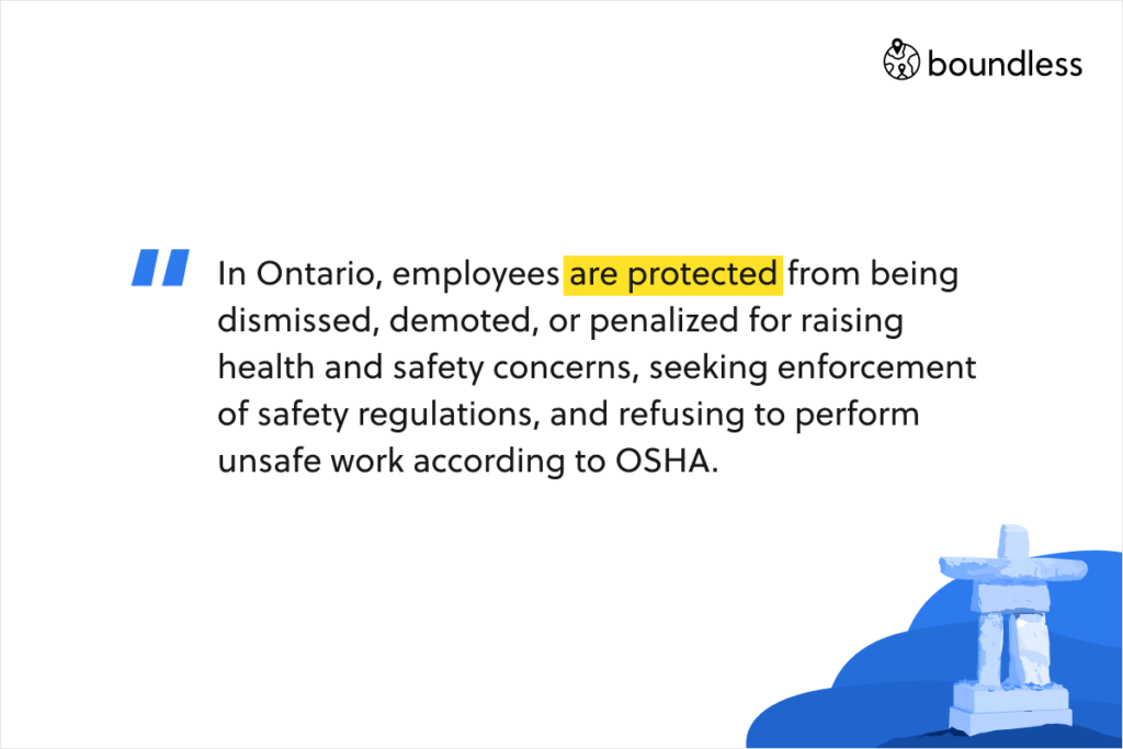 In Ontario, employees are protected from being dismissed, demoted, or penalized for raising health and safety concerns, seeking enforcement of safety regulations, and refusing to perform unsafe work according to OSHA.