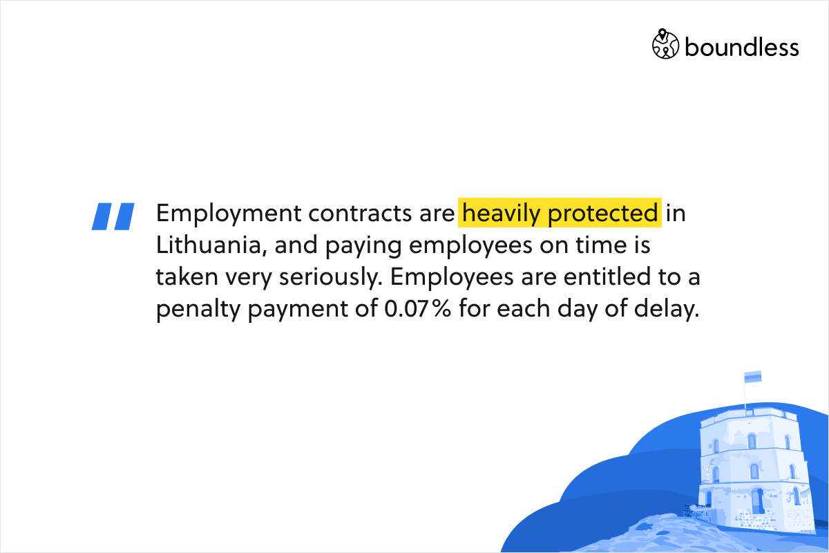 Employment contracts are heavily protected in Lithuania, and paying employees on time is taken very seriously. Employees are entitled to a penalty payment of 0.07% for each day of delay.