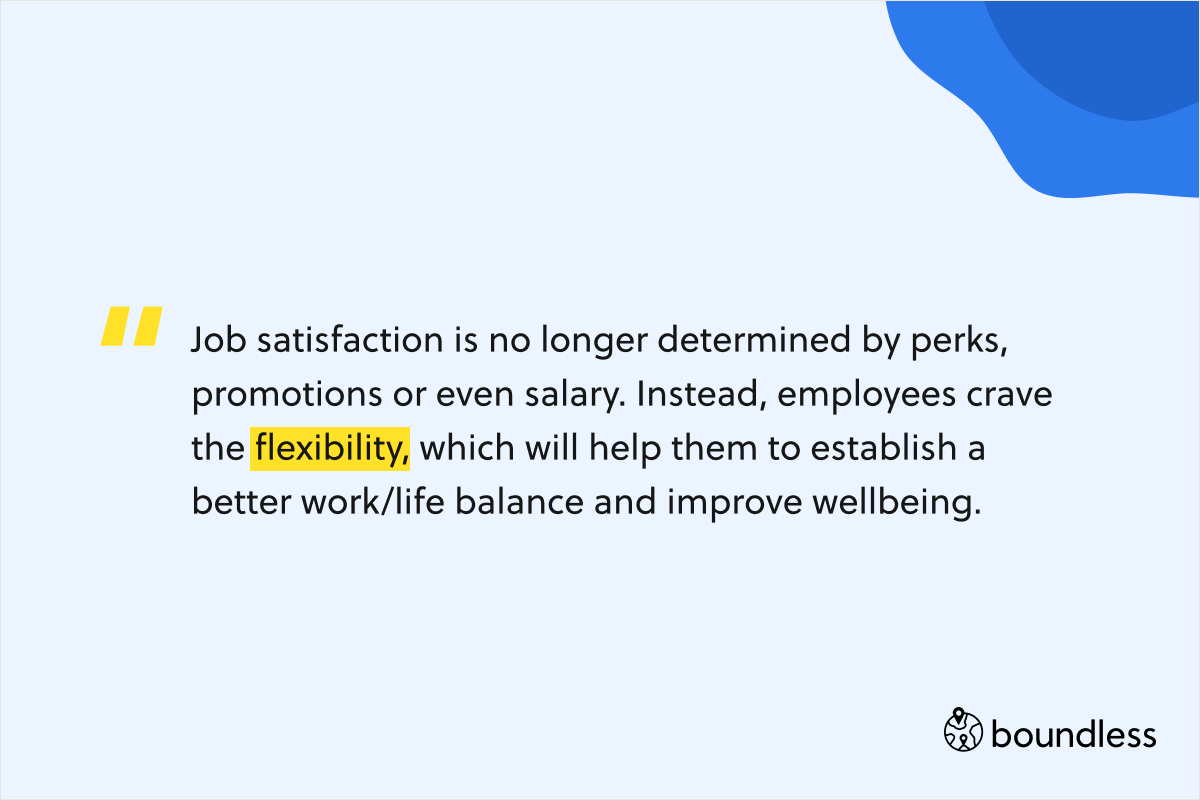 Job satisfaction is no longer determined by perks, promotions or even salary. Instead, employees crave the flexibility, which will help them to establish a better work/life balance and improve wellbeing.