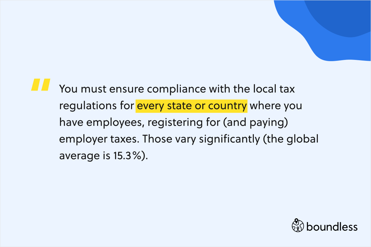 You must ensure compliance with the local tax regulations for every state or country where you have employees, registering for (and paying) employer taxes. Those vary significantly (the global average is 15.3%).