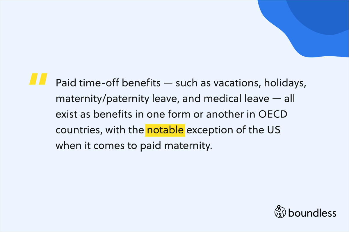 Paid time-off benefits — such as vacations, holidays, maternity/paternity leave, and medical leave — all exist as benefits in one form or another in OECD countries, with the notable exception of the US when it comes to paid maternity.