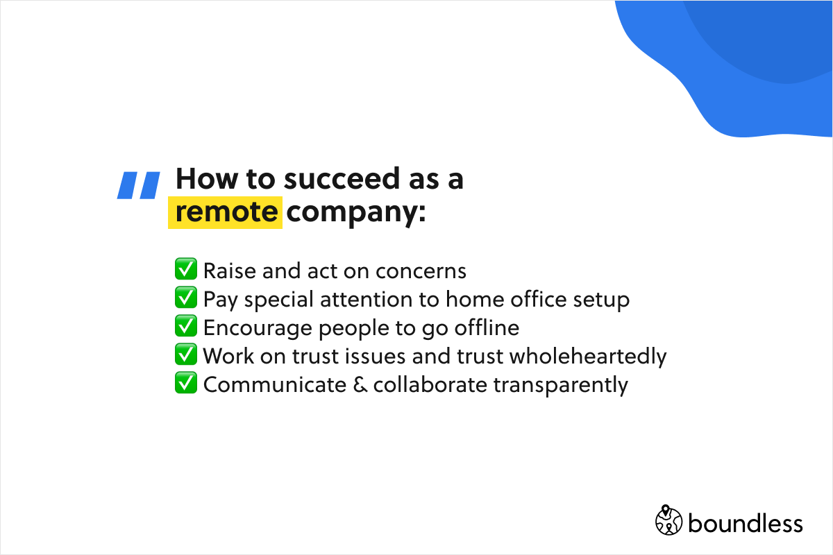 How to succeed as a remote company:  ✅ Raise and act on concerns ✅ Pay special attention to home office setup ✅ Encourage people to go offline ✅ Work on trust issues and trust wholeheartedly ✅ Communicate & collaborate transparently