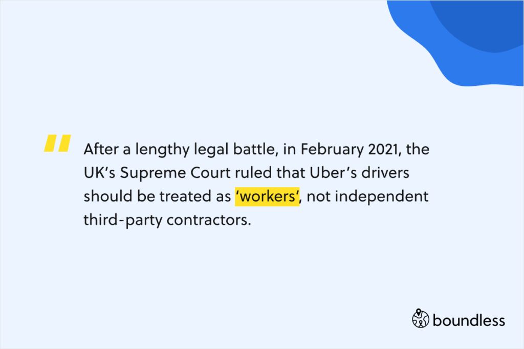 After a lengthy legal battle, in February 2021, the UK’s Supreme Court ruled that Uber’s drivers should be treated as ‘workers’, not independent third-party contractors.