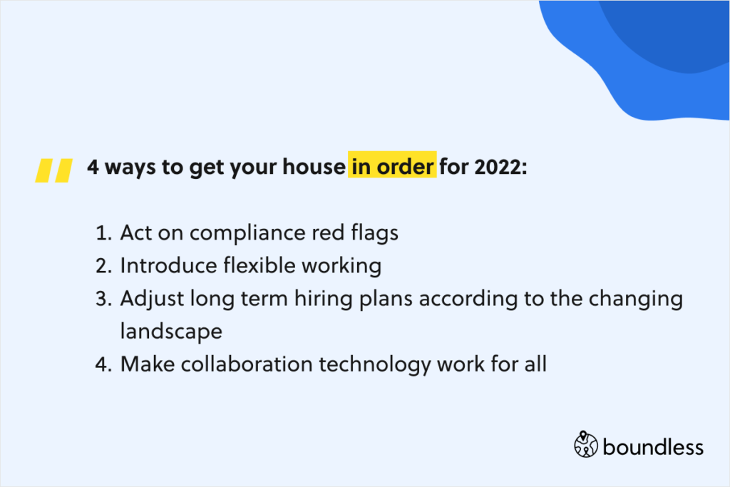 4 ways to get your house in order for 2022: Act on compliance red flags Introduce flexible working Adjust long term hiring plans according to the changing landscape Make collaboration technology work for all