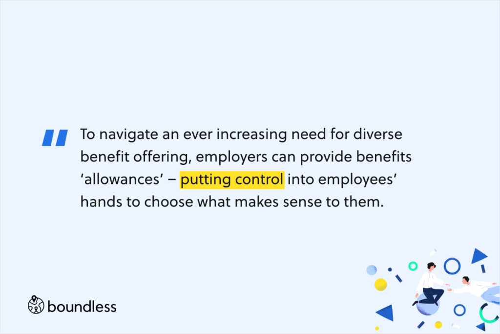 To navigate an ever increasing need for diverse benefit offering, employers can provide benefits ‘allowances’ – putting control into employees’ hands to choose what makes sense to them.