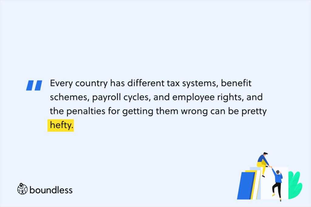 Every country has different tax systems, benefit schemes, payroll cycles, and employee rights, and the penalties for getting them wrong can be pretty hefty. 