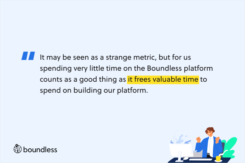 Image with the quote: It may be seen as a strange metric, but for us spending very little time on the Boundless platform counts as a good thing as it frees valuable time to spend on building our platform.