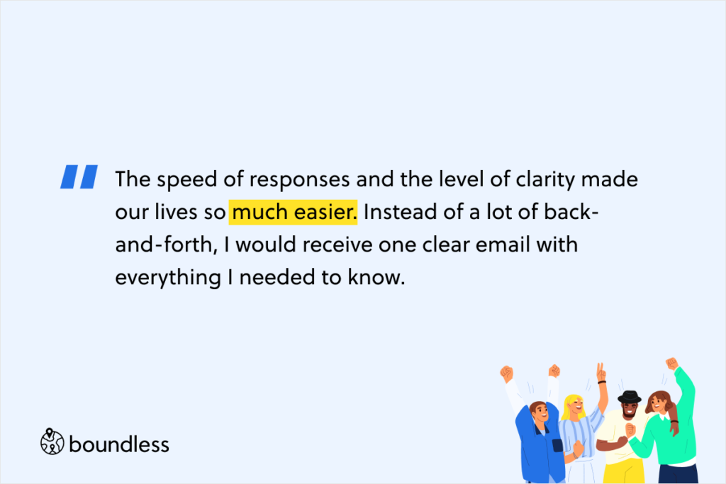 The speed of responses and the level of clarity made our lives so much easier. Instead of a lot of back-and-forth, I would receive one clear email with everything I needed to know.