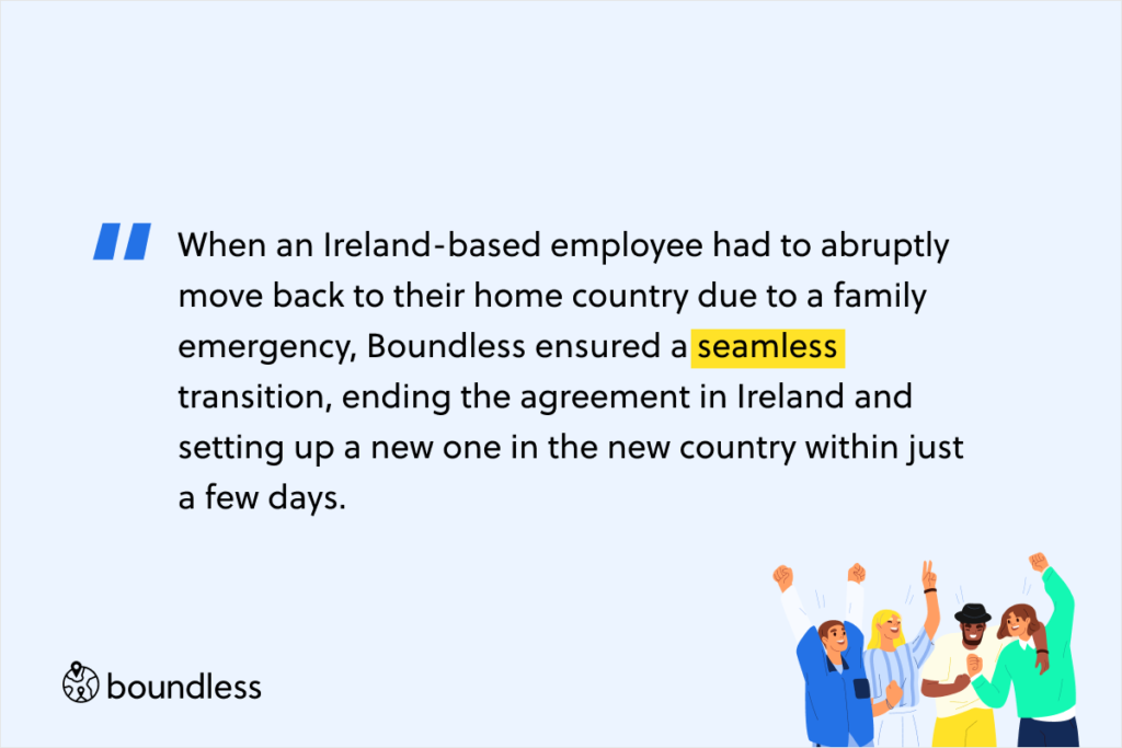 When an Ireland-based employee had to abruptly move back to their home country due to a family emergency, Boundless ensured a seamless transition, ending the agreement in Ireland and setting up a new one in the new country within just a few days.